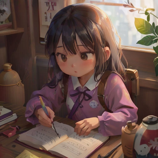 a girl sitting at a desk writing on a book with a pen and paper in front of her and a vase with flowers