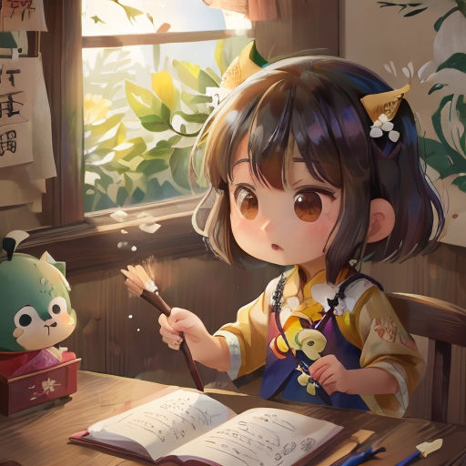 a little girl sitting at a table with an open book and a wand in her hand and a doll next to her