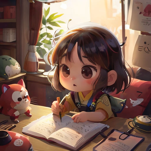 a little girl sitting at a table writing on a book with a cat nearby and a cat toy on the table