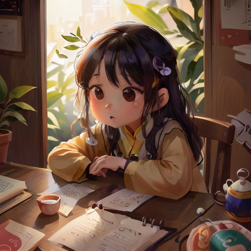 a little girl sitting at a table with a book and pen in her hand and a cup of tea in front of her