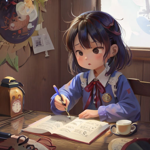 a girl sitting at a table writing on a book with a pen and paper in front of her and a cup of coffee