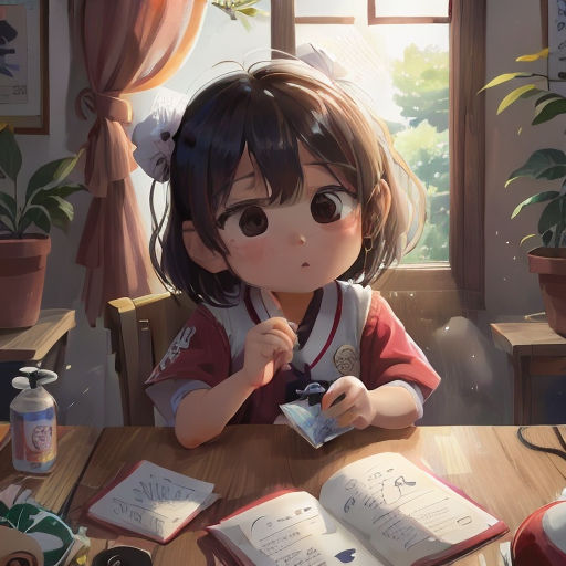 a little girl sitting at a table with an open book and a camera in her hand and a book in front of her