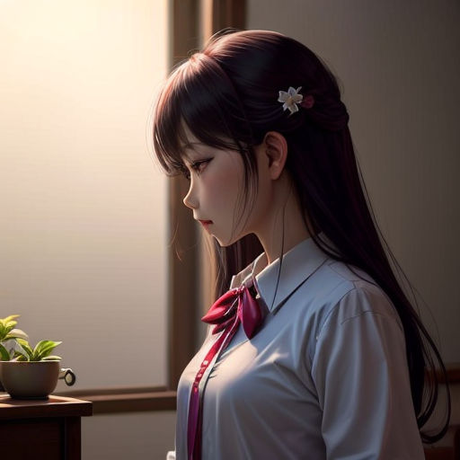 a woman in a white shirt and a red tie is looking at a laptop computer screen with a plant in the corner