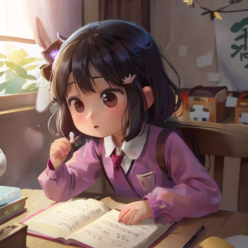 a girl sitting at a desk with a book and pen in her hand and looking at the camera with a book in front of her