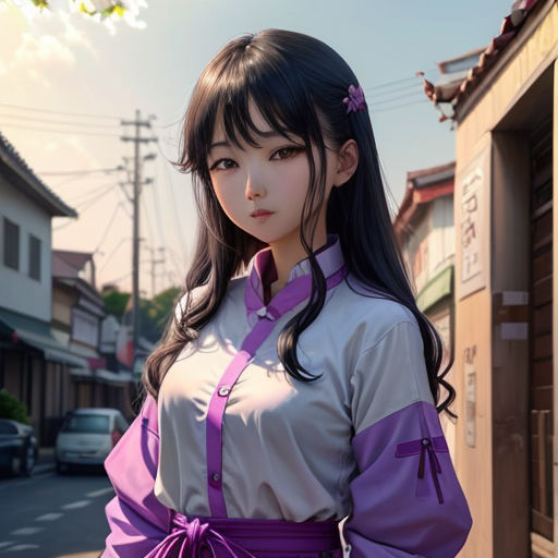 a woman in a purple and grey outfit standing on a street corner with a building in the background and a car parked on the side of the road