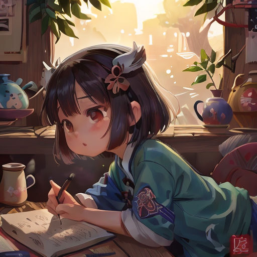 a girl writing on a book while sitting at a table with a cup of coffee and a teapot