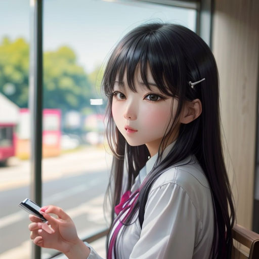 a young woman holding a cell phone in her hand and looking out a window at the street outside of a building
