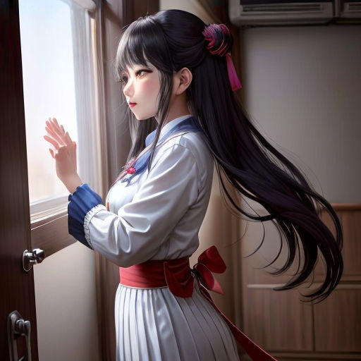 a woman in a white dress looking out a window with long hair and a red bow on her head
