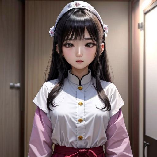 a woman in a uniform standing in a hallway with a door behind her and a door behind her, with a door behind her