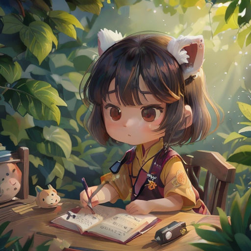 a girl sitting at a table writing in a book with a cat on her head and a cat on her shoulder