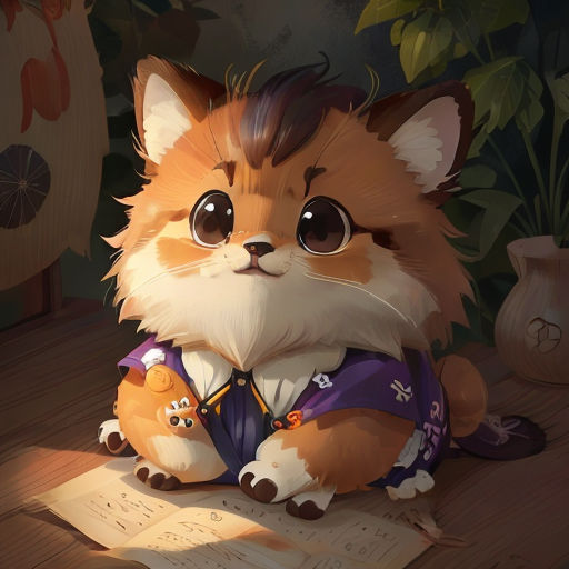 a cat sitting on a table with a book in its paws and a book in its paws, with a plant in the background