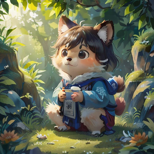 a cartoon character is sitting in the woods with a book in his hand and a dog in his lap