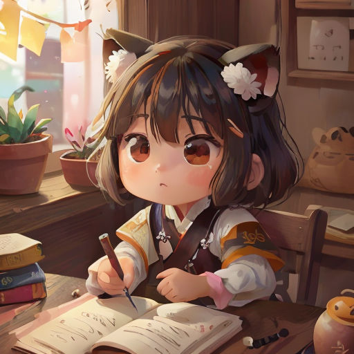 a girl sitting at a desk writing on a book and holding a pen and paper in her hand and a potted plant behind her
