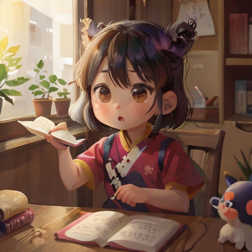 a girl sitting at a table with an open book in her hand and a cat nearby on the table