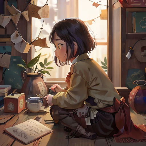 a girl sitting on the floor next to a window with a book and a vase on it, looking at a book