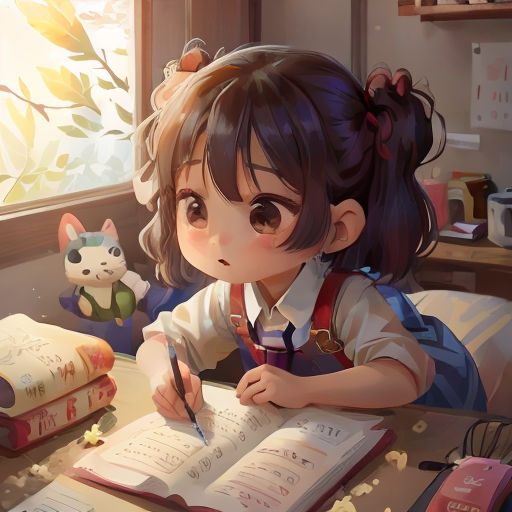 a girl sitting at a desk writing on a book with a cat sitting on the desk behind her and a cat sitting on the desk