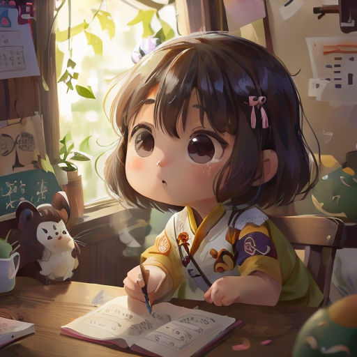 a little girl sitting at a table writing on a book with a teddy bear nearby and a window behind her