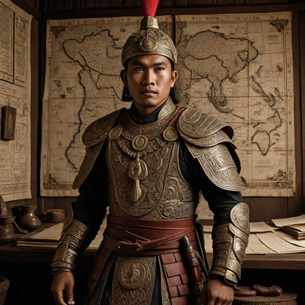 a man in a costume standing in front of a map of the world with a red hat on his head, a character portrait, Ding Guanpeng, sumatraism, promotional image