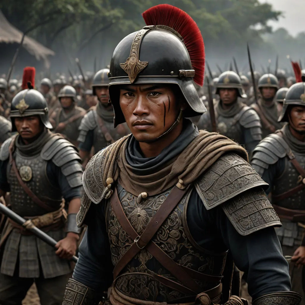 a group of men in roman armor and helmets with red hair and a red mohawk on their head and shoulders, a detailed matte painting, Dai Jin, antipodeans, phuoc quan