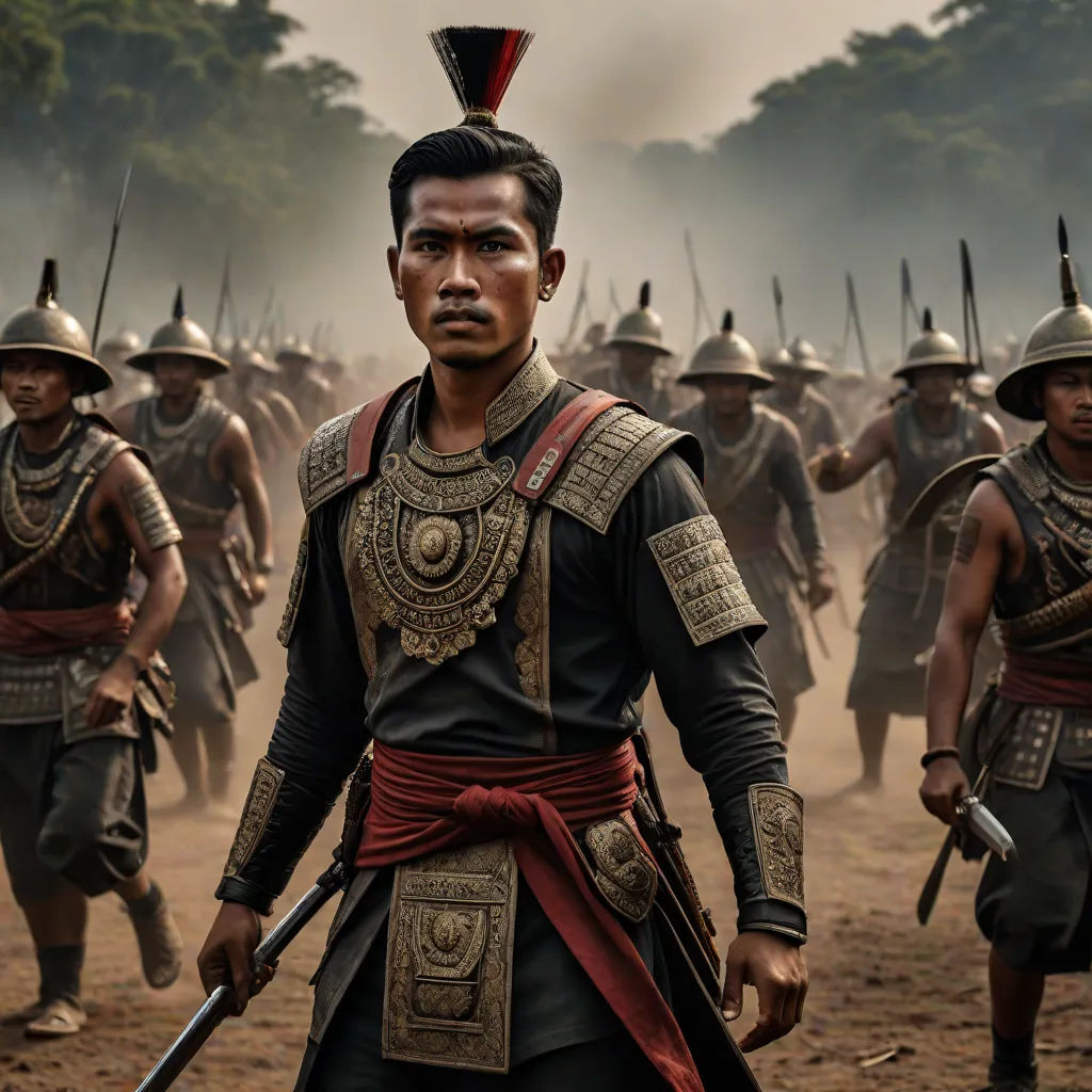 a man in a military uniform standing in front of a group of men in uniforms with spears and helmets, a detailed matte painting, Fang Congyi, sumatraism, vfx