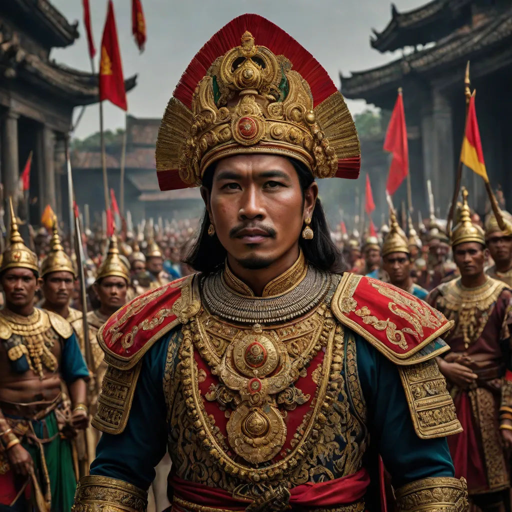 a man in a costume standing in front of a crowd of people wearing gold and red outfits and holding flags, a character portrait, Fang Congyi, sumatraism, vfx