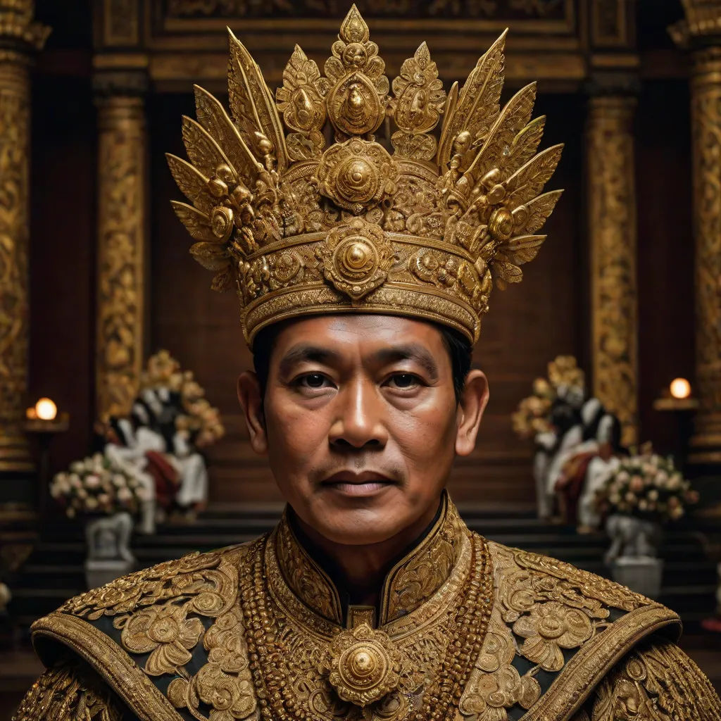 a man in a golden crown and a gold dress and a vase of flowers in the background with candles, a character portrait, Altoon Sultan, sumatraism, vfx