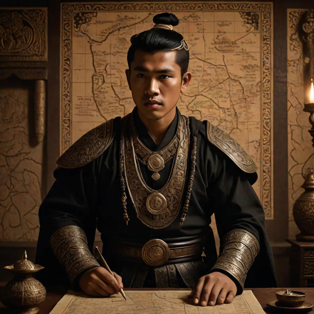 a man in a black outfit sitting at a table with a pen and paper in front of him and a map behind him, a poster, Fan Kuan, dau-al-set, promotional image