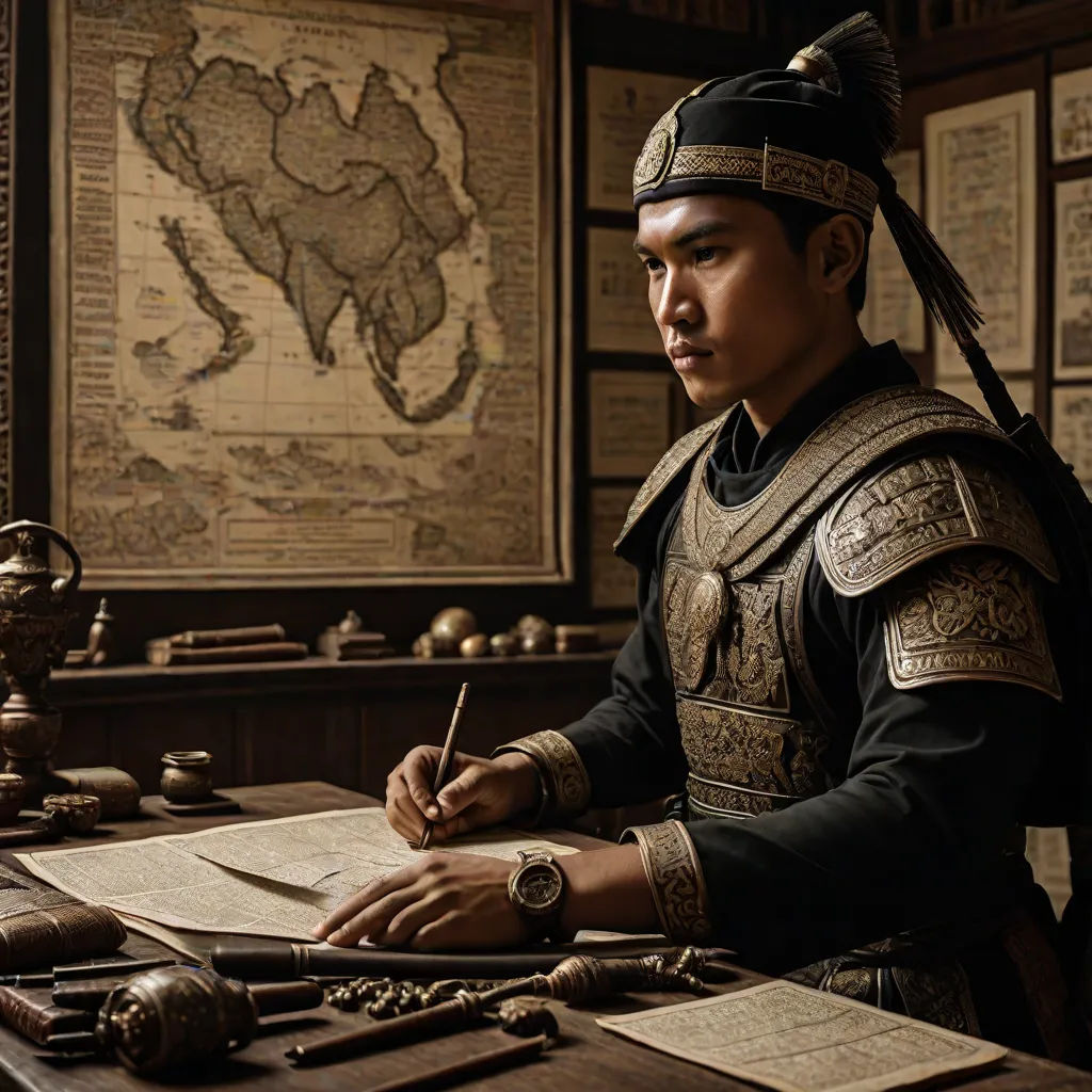 a man in a costume writing on a desk with a map behind him and a compass on the table, a detailed matte painting, Arthur Pan, sumatraism, promotional image