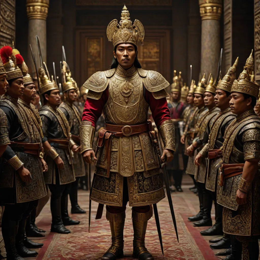 a man in a golden armor standing in front of a group of men in armor and helmets, all wearing red and gold, a detailed matte painting, Fang Congyi, sumatraism, weta digital