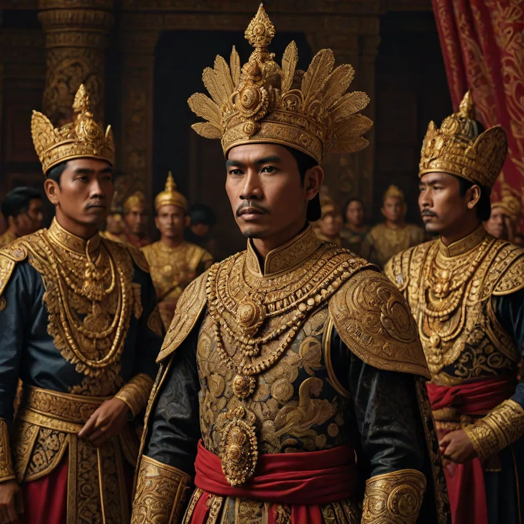 a group of men in elaborate clothing standing next to each other in a room with red curtains and gold trim, a detailed matte painting, Altoon Sultan, sumatraism, vfx