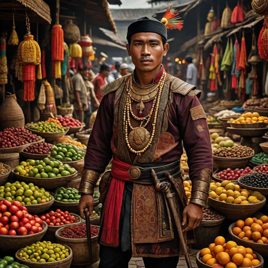 a man in a colorful outfit standing in front of a fruit stand with a lot of fruit in baskets, a detailed matte painting, Ding Yunpeng, sumatraism, orientalism
