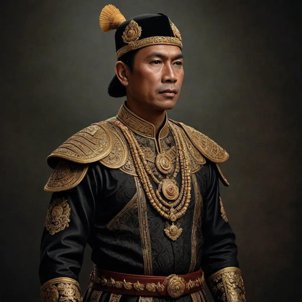 a man in a black and gold outfit with a gold hat and a gold chain around his neck and shoulder, a character portrait, Basuki Abdullah, sumatraism, weta digital