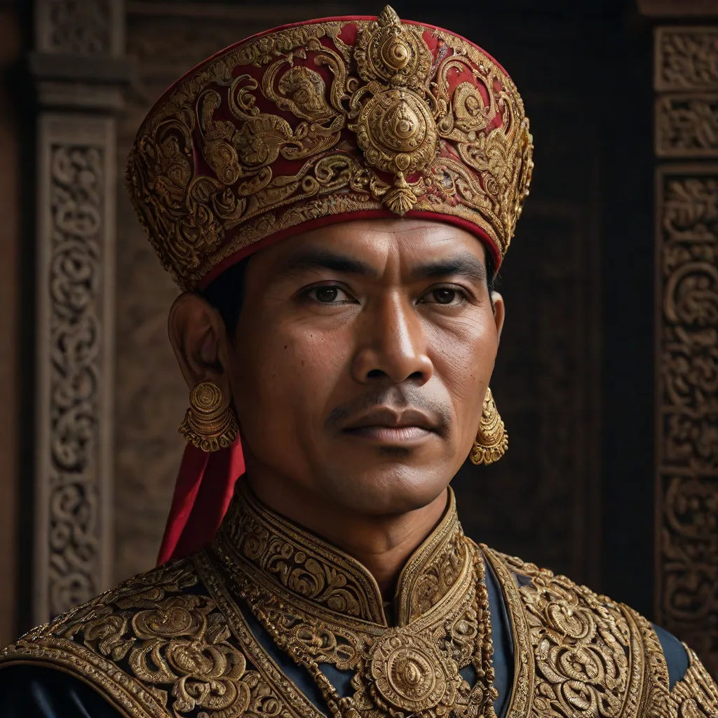 a man in a gold and red outfit and a red hat and a gold and red necklace and head piece, a character portrait, Fang Congyi, sumatraism, vfx