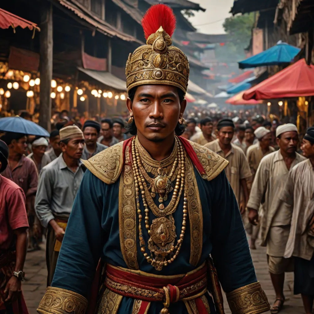 a man in a costume walking down a crowded street with people in the background and umbrellas overhead in the distance, a character portrait, Altoon Sultan, sumatraism, vfx