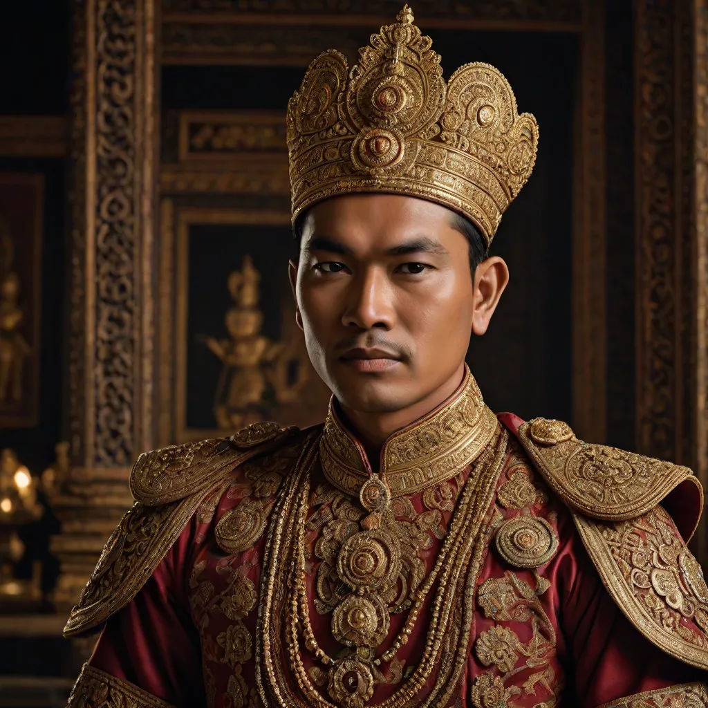 a man in a red and gold outfit with a crown on his head and a gold crown on his head, a character portrait, Altoon Sultan, sumatraism, vfx