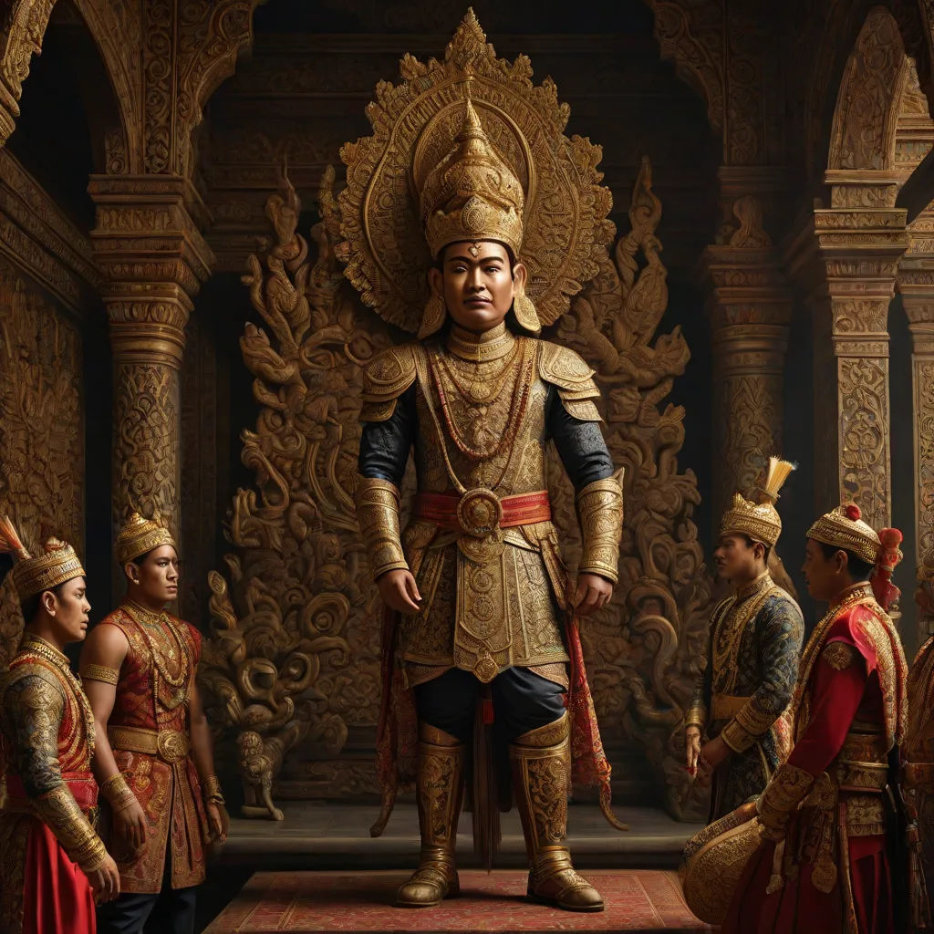 a painting of a man in a golden outfit surrounded by other men in red and gold outfits and gold accessories, a detailed matte painting, Ding Guanpeng, sumatraism, weta digital