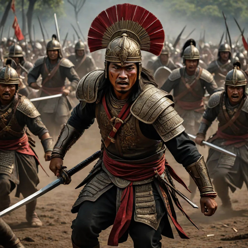 a group of men in armor and helmets with swords in a battle with other men in the background,, a detailed matte painting, Dai Jin, sumatraism, weta digital
