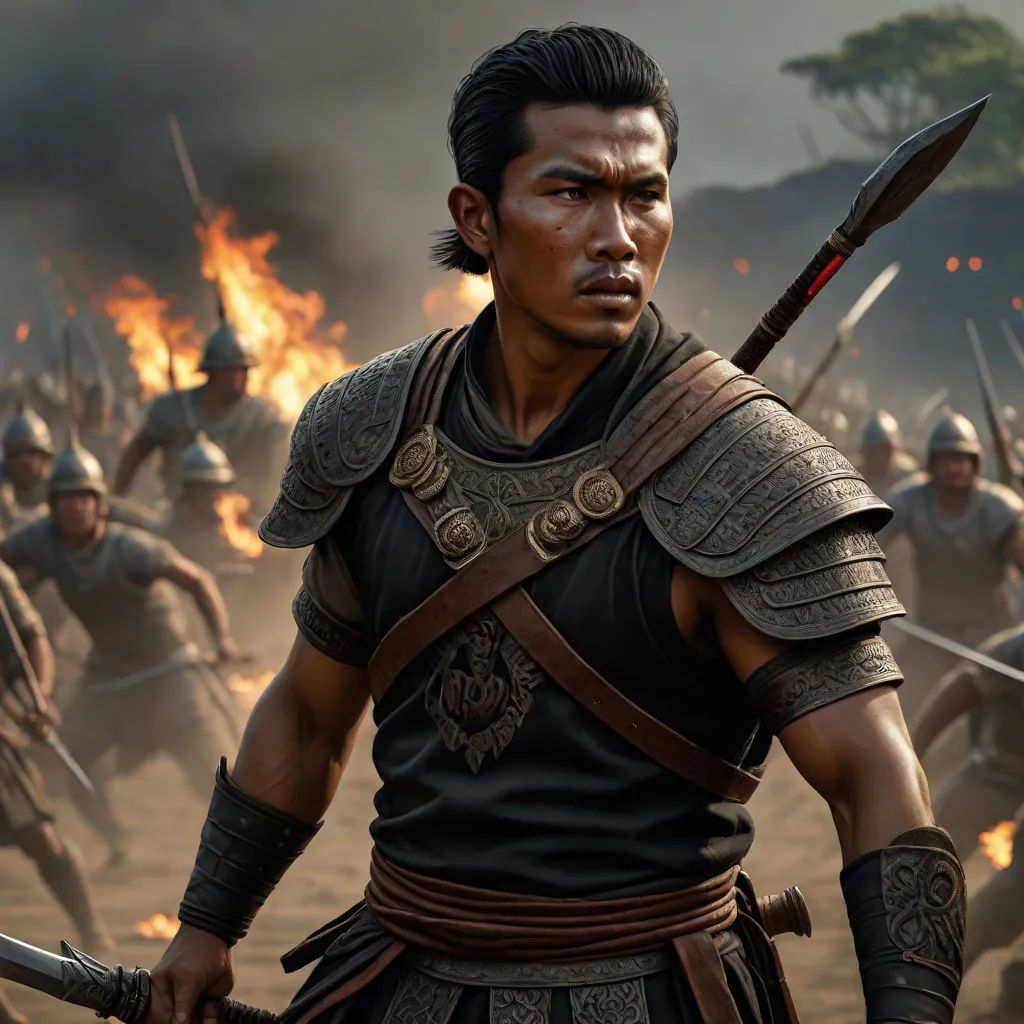 a man in a warrior outfit holding a sword in front of a group of men in armor and holding spears, a detailed matte painting, Dai Jin, dau-al-set, phuoc quan