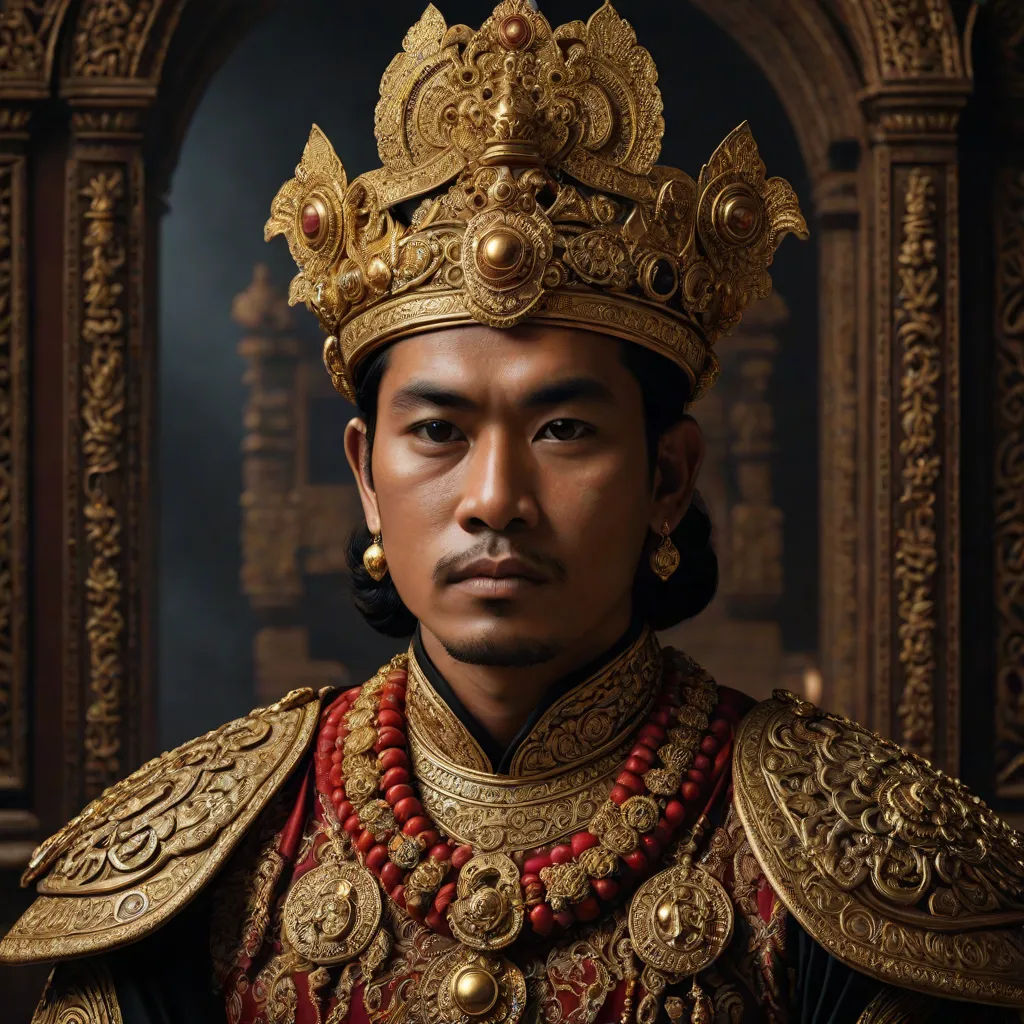 a man in a gold crown and red necklace and necklace with a gold crown on his head and a red beaded necklace, a character portrait, Fang Congyi, samikshavad, vfx