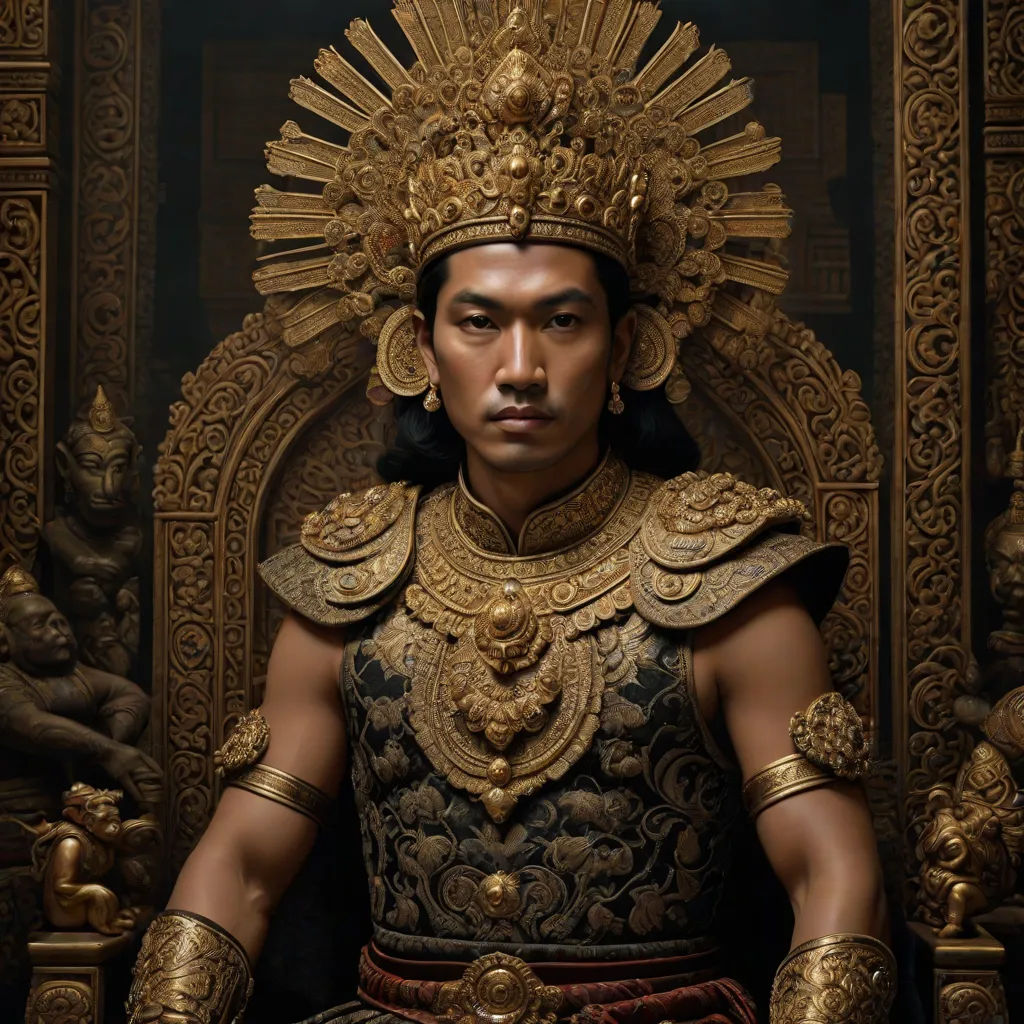 a man in a golden costume standing in front of a golden throne with a crown on his head and a gold crown on his head, a bronze sculpture, Dai Jin, sumatraism, weta digital
