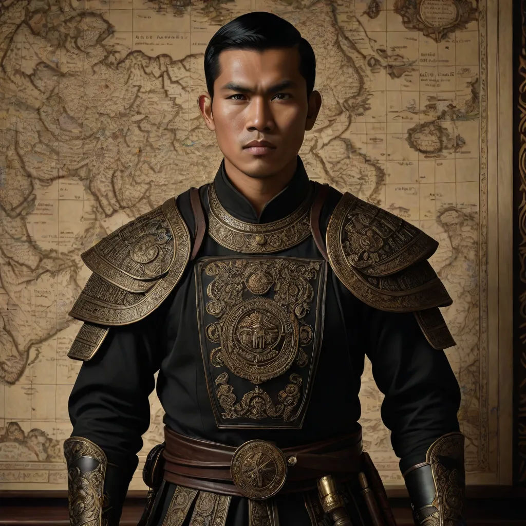 a man in a black and gold armor standing in front of a map of the world with a map behind him, a character portrait, Dai Jin, dau-al-set, phuoc quan