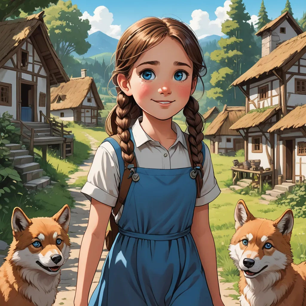 a girl with a braid standing next to two foxes in front of a village with a dog on the side, furry art, a storybook illustration, Anne Said, official art