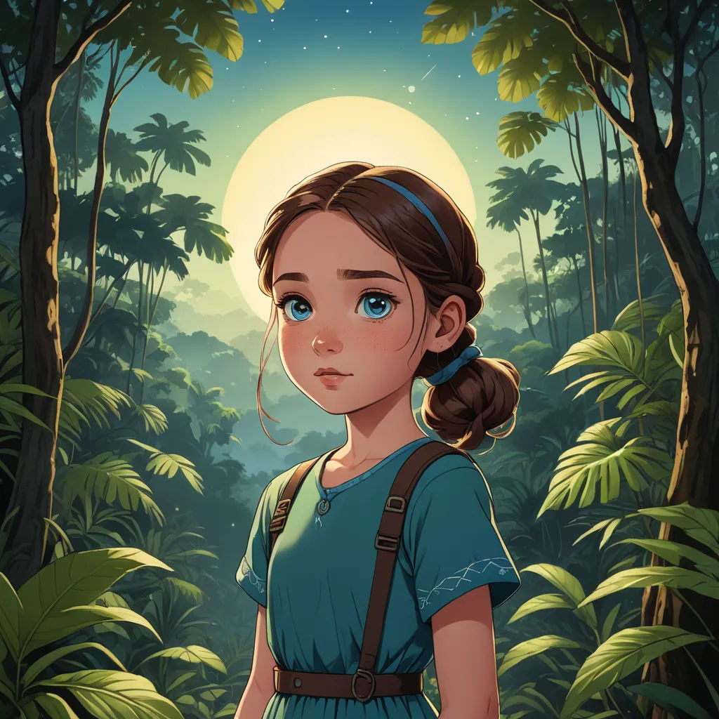 a girl in a blue dress standing in a forest with a full moon in the background and trees and bushes, fantasy art, a character portrait, Alice Prin, trending on art station