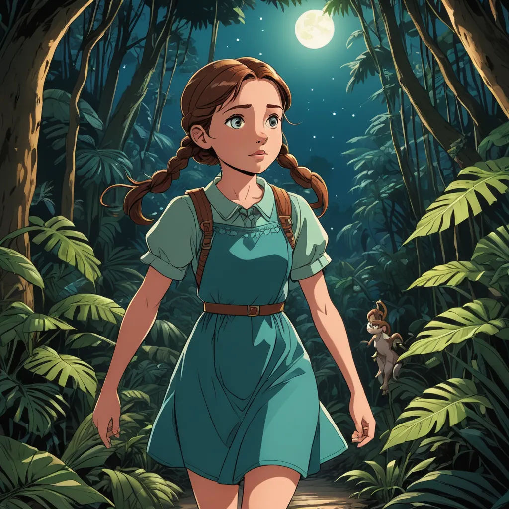 a girl in a blue dress walking through a forest at night with a mouse on the ground in front of her, context art, a storybook illustration, Clarice Beckett, ghibli