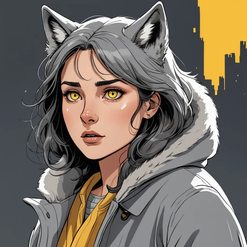 a woman with a cat's head and yellow eyes is wearing a gray jacket and a yellow scarf, furry art, a character portrait, Artgerm, character portrait