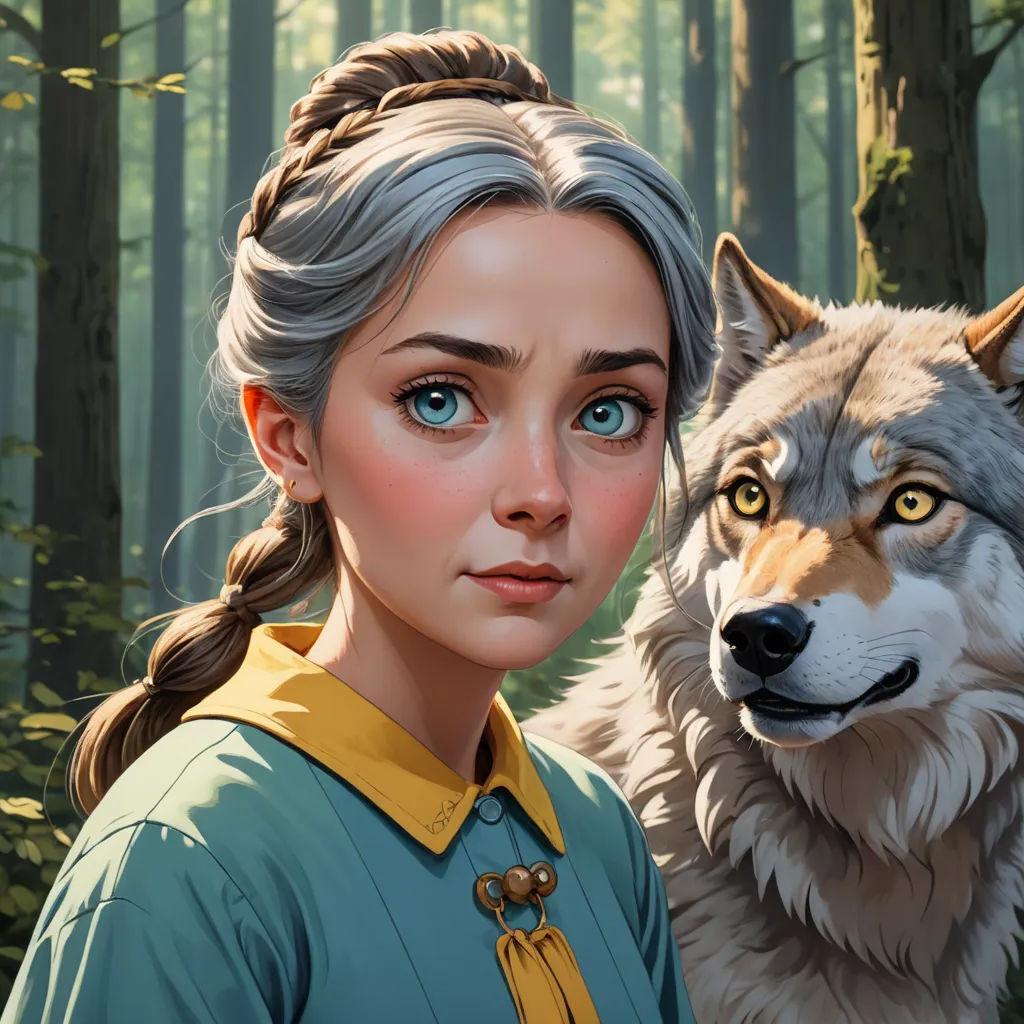 a woman with a wolf in a forest with trees and bushes behind her, and a wolf in the background, fantasy art, a detailed painting, Anato Finnstark, trending on artstation hq