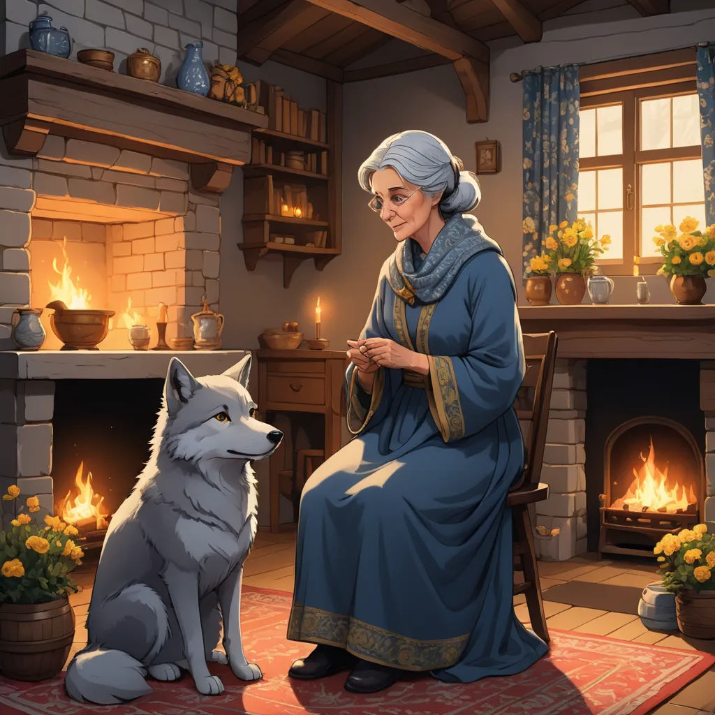 a woman sitting in a chair next to a dog on a rug in front of a fireplace with a lit fireplace, fantasy art, a storybook illustration, Ada Gladys Killins, storybook illustration