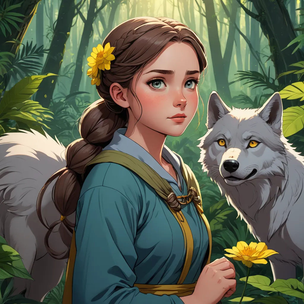 a woman in a blue dress standing next to a wolf in a forest with yellow flowers in her hair, fantasy art, a character portrait, Anato Finnstark, deviantart artstation