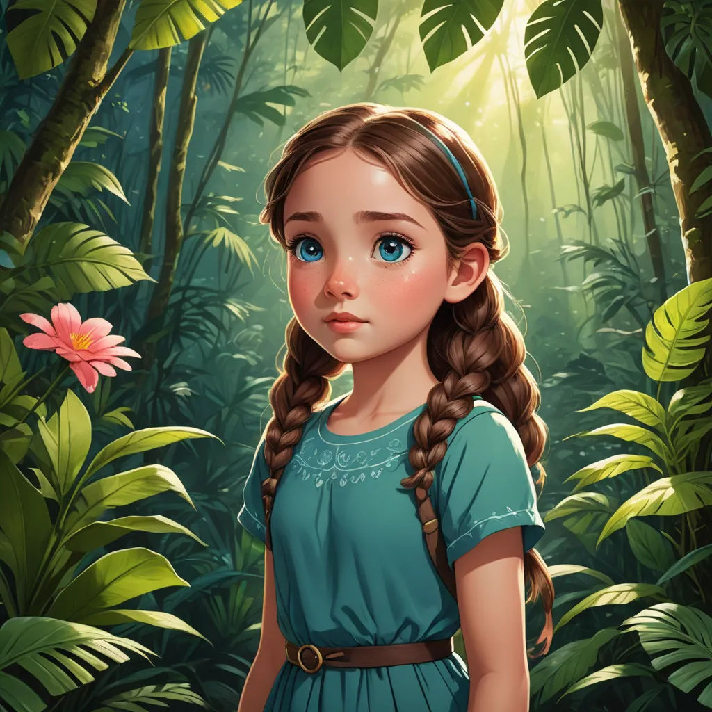 a girl in a blue dress standing in a forest with a flower in her hand and a pink flower in her hair, fantasy art, a storybook illustration, Alice Prin, rossdraws global illumination