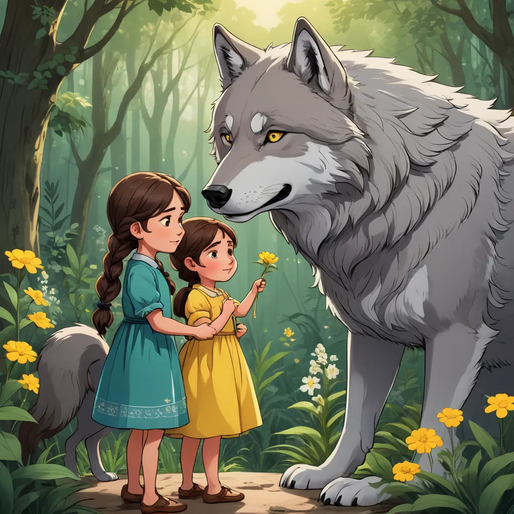 a girl and a wolf in a forest with flowers in their hands and a wolf behind her, with a girl looking at the wolf, furry art, a storybook illustration, Cliff Childs, ghibli